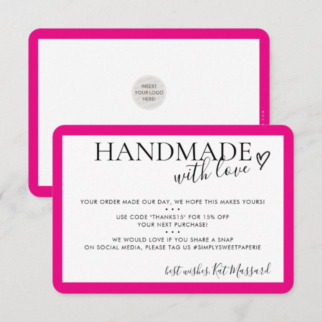 HANDMADE WITH LOVE insert modern chic fuschia pink Thank You Card (Front/Back)
