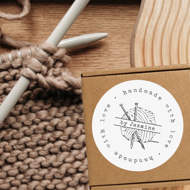 Handmade with Love Knit Small Business Custom Classic Round Sticker (Handmade with love - Knit Small Business, Crochet, Embroidery, Unique Package Custom Sticker)