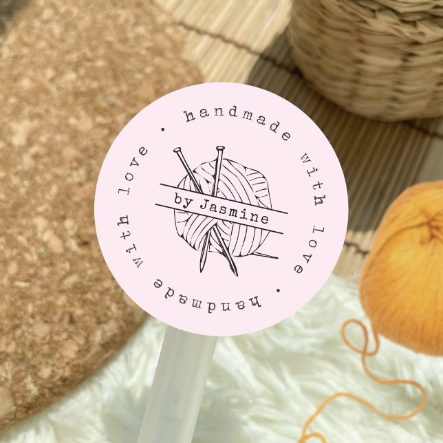 Handmade with Love Knit Small Business Pink Classic Round Sticker (Pink Handmade with Love Knit Small Business - Crochet, package & supplies, custom stickers)