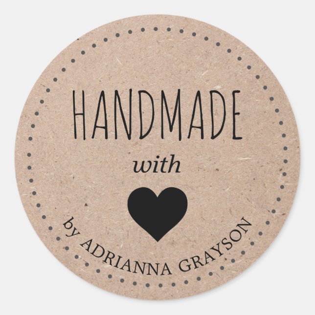 Handmade With Love Kraft Paper Heart Classic Round Sticker (Front)