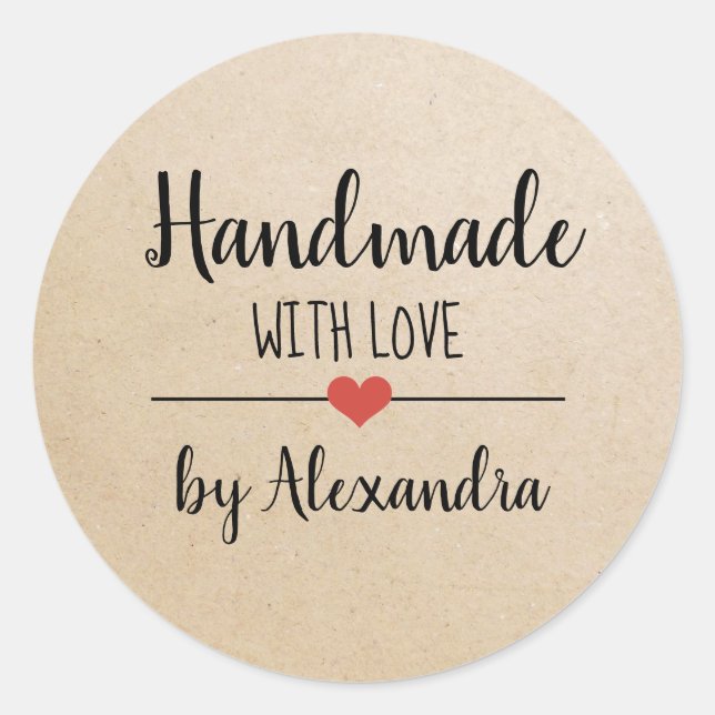 Handmade with love kraft script personalised classic round sticker (Front)