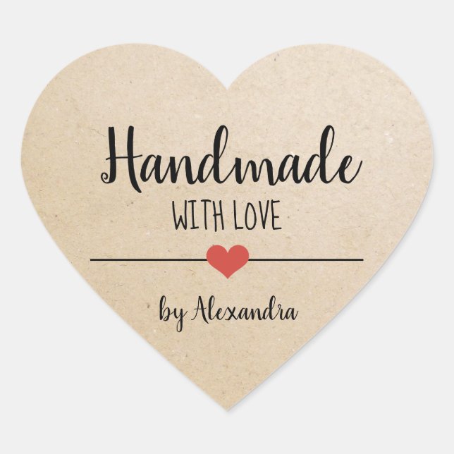 Handmade with love kraft script personalised heart sticker (Front)
