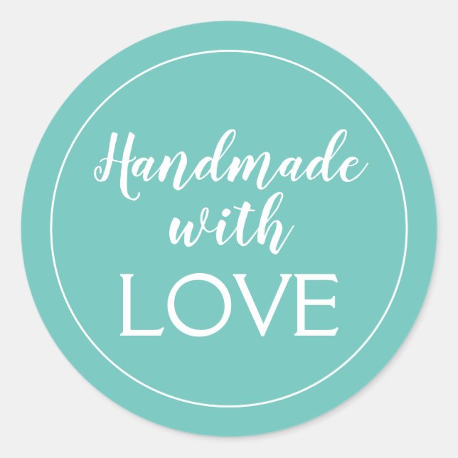 Handmade With Love Light Teal and White Classic Round Sticker (Front)