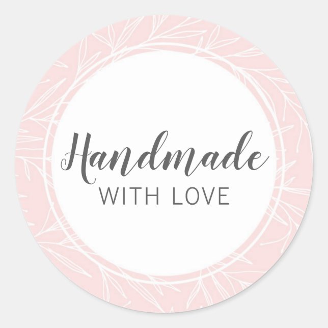 Handmade With Love Modern Botanical Leaf Blush Classic Round Sticker (Front)