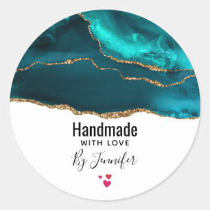 Handmade with Love Modern Teal Agate & Gold Ribbon Classic Round Sticker