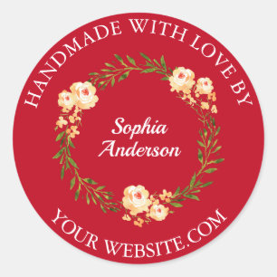 Handmade With Love, Name, Flower Wreath, Deep Red Classic Round Sticker