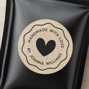 Handmade with love name wavy border Kraft look Classic Round Sticker