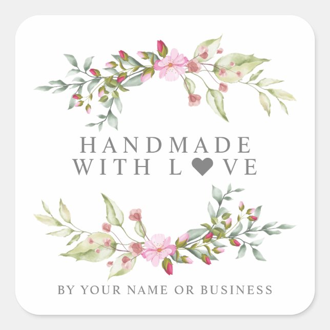 Handmade with Love on Romantic Floral Garland Square Sticker (Front)