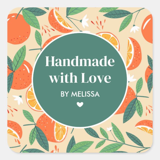 Handmade with Love Orange Citrus Fruit Pattern Square Sticker (Front)