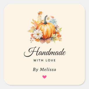 Handmade with Love Orange Pumpkins and Flowers Square Sticker