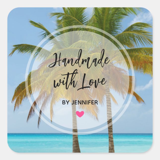 Handmade with Love Palm Trees on a Tropical Beach Square Sticker (Front)