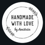 Handmade with Love Personalised Doodle Wreath Classic Round Sticker<br><div class="desc">Personalise this stamp by adding your own name. Features minimal doodle wreath and text "Handmade with love".</div>