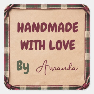 Handmade with Love Personalised Plaid Ribbon Square Sticker