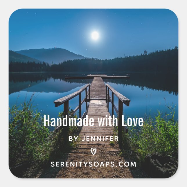 Handmade with Love Pier at Night under a Full Moon Square Sticker (Front)