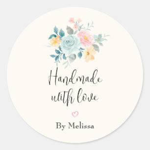 Handmade with Love Pink & Blue Flower Bouquet Classic Round Sticker