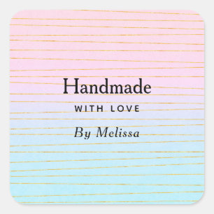 Handmade with Love Pink Blue Ombre with Gold Lines Square Sticker