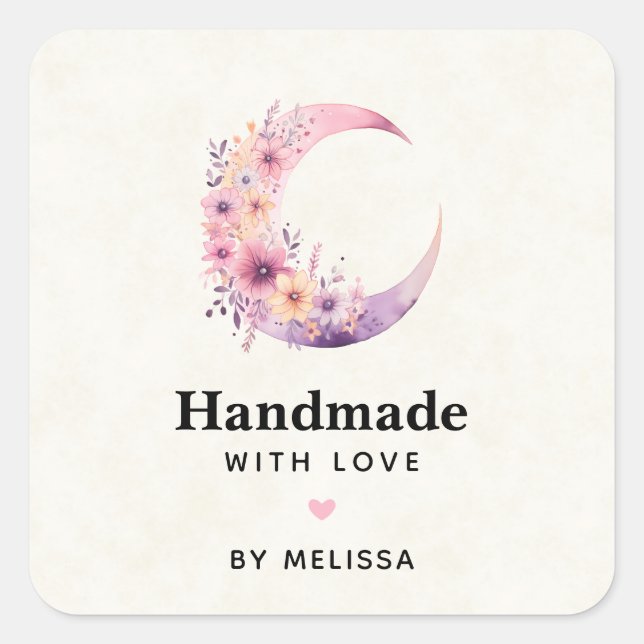 Handmade with Love  Pink Crescent Moon Square Sticker (Front)