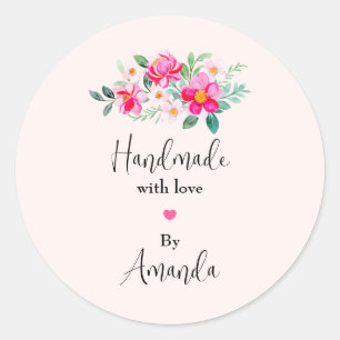 Handmade with Love Pink Flower Bouquet Classic Round Sticker