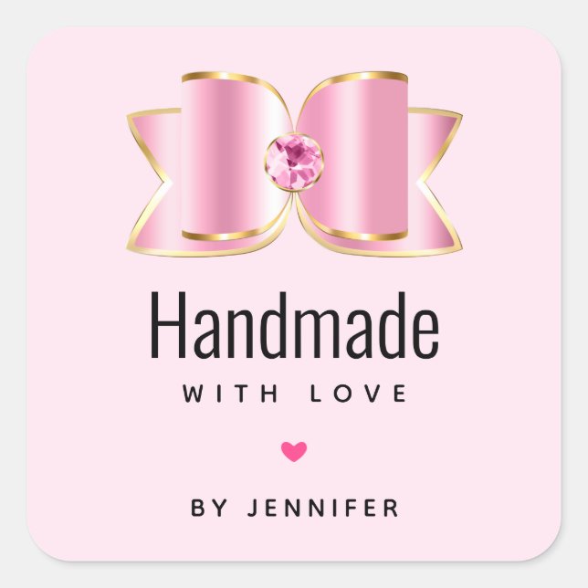 Handmade with Love Pink Glam Bow Fancy and Elegant Square Sticker (Front)