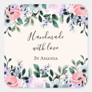 Handmade with Love Pink & Green Floral Watercolor Square Sticker