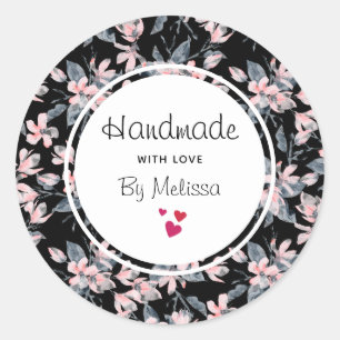 Handmade with Love Pink & Grey Floral Pattern Classic Round Sticker
