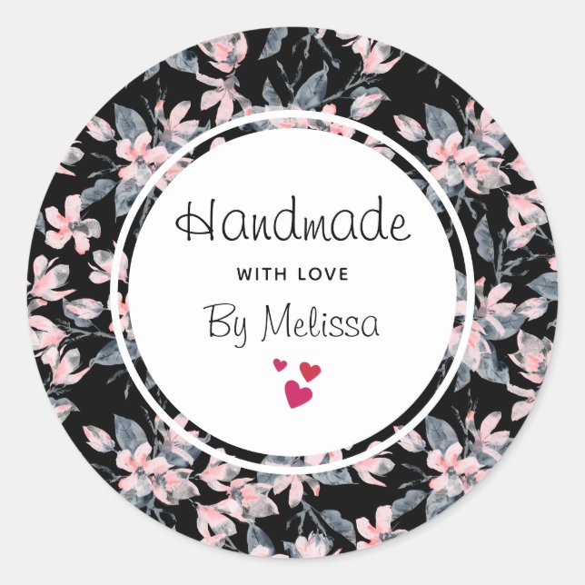 Handmade with Love Pink & Grey Floral Pattern Classic Round Sticker (Front)