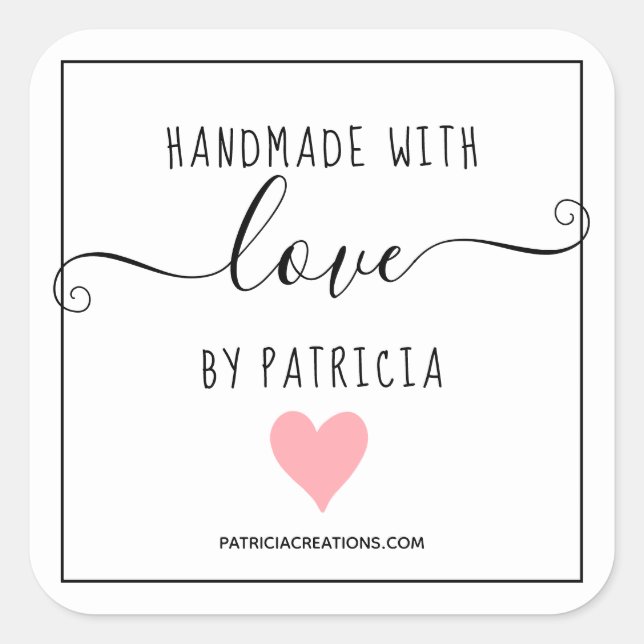 Handmade with love pink heart craft business square sticker (Front)