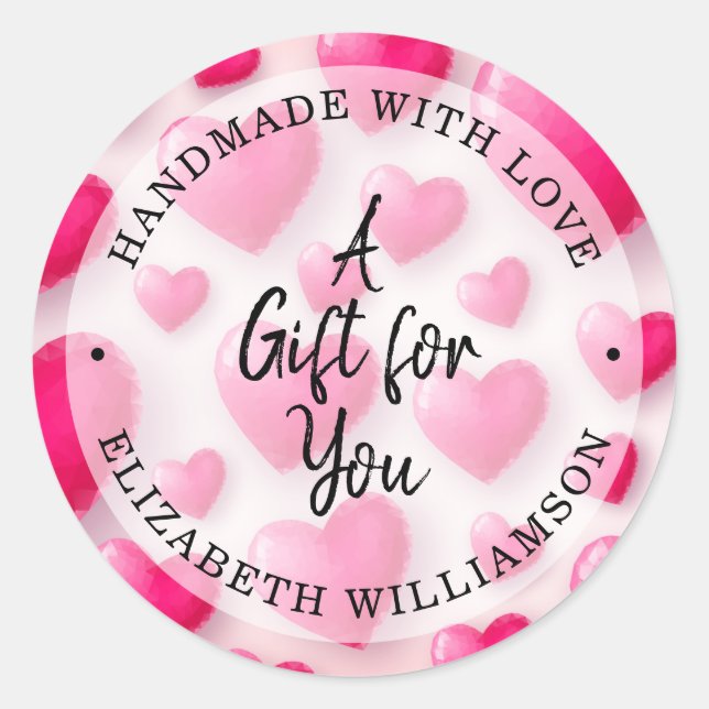 Handmade with Love Pink Hearts Classic Round Sticker (Front)