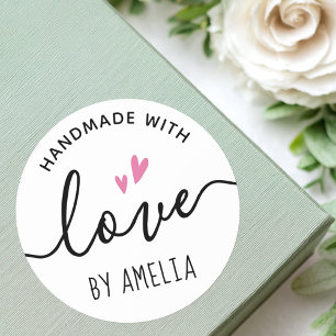 Handmade with love pink hearts custom name classic round sticker