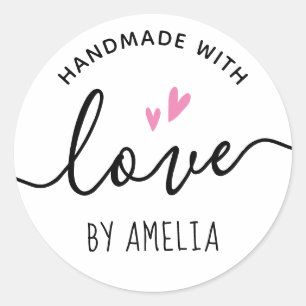 Handmade with love pink hearts custom name classic round sticker