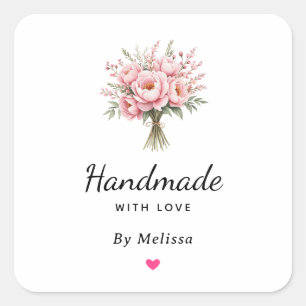 Handmade with Love Pink Peony Flower Bouquet Square Sticker