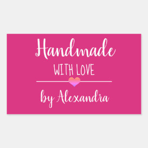 Handmade with love pink script name rectangular sticker