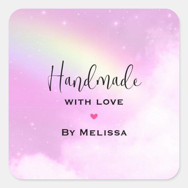Handmade with Love Pink Sky with Fluffy Clouds Square Sticker (Front)