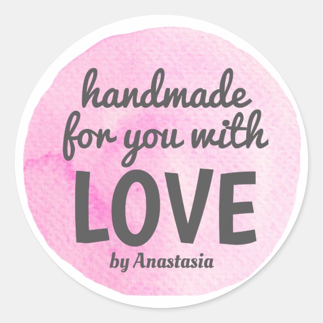 Handmade with Love Pink Watercolor Classic Round Sticker (Front)