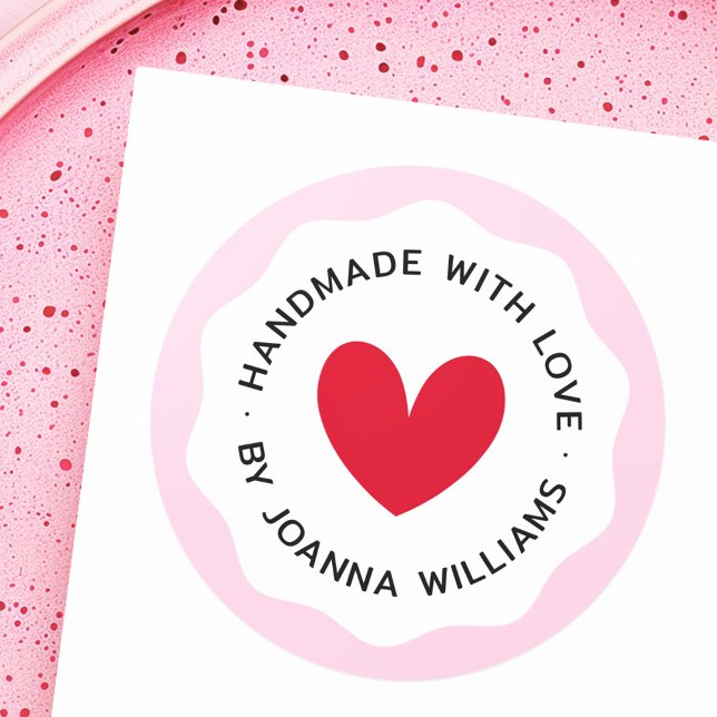 Handmade with love pink wavy border red heart classic round sticker (Handmade with love pink wavy border red heart classic round sticker)