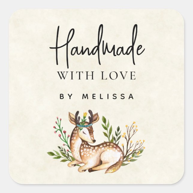 Handmade with Love Pretty Watercolor Deer Square Sticker (Front)