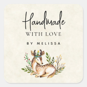 Handmade with Love Pretty Watercolor Deer Square Sticker