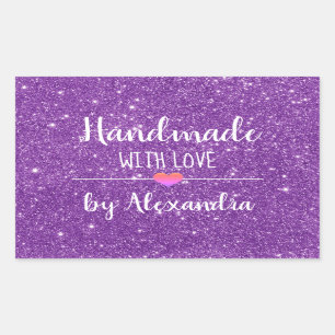 Handmade with love purple glitter script  rectangular sticker