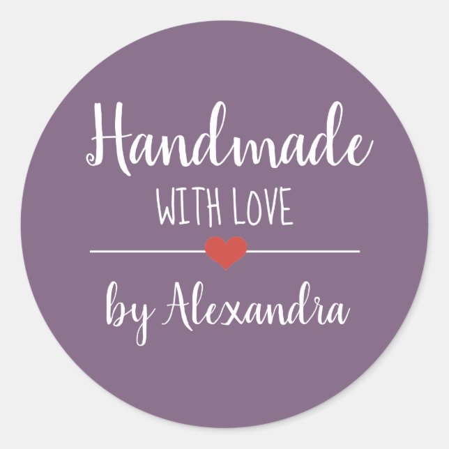 Handmade with love purple script classic round sticker (Front)