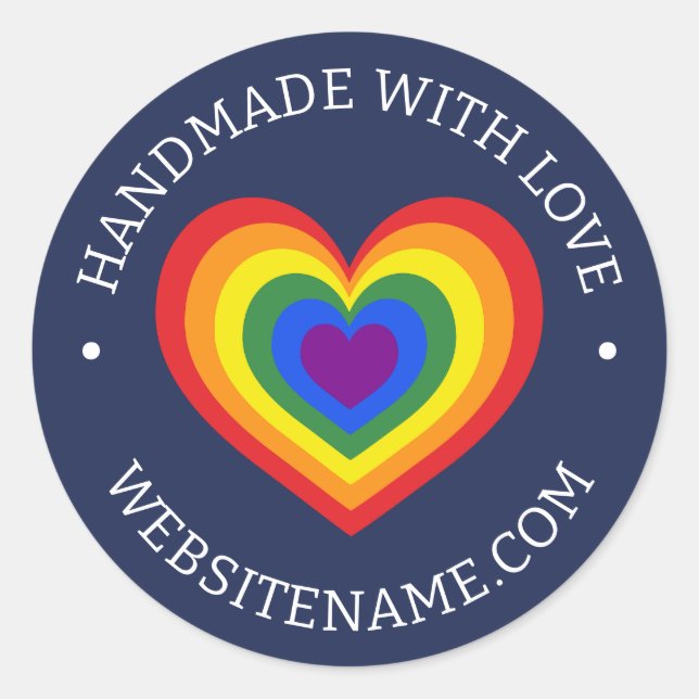 Handmade With Love Rainbow Heart Your Website Navy Classic Round Sticker (Front)