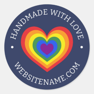 Handmade With Love Rainbow Heart Your Website Navy Classic Round Sticker