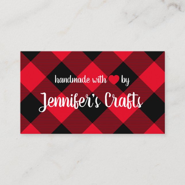 Handmade with Love Red and Black Buffalo Plaid Business Card (Front)