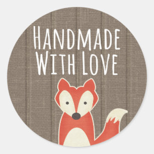 Handmade With Love Red Fox on Rustic Wood Kids Classic Round Sticker