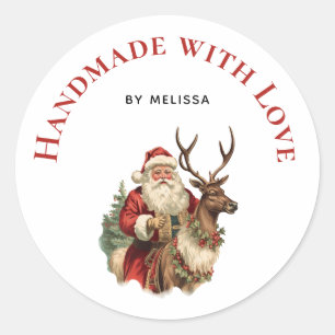 Handmade with Love Retro Santa Claus and Reindeer Classic Round Sticker