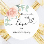 Handmade with love rose gold floral classic round sticker<br><div class="desc">A stylish white background. Decorated with green watercolored rose gold and blush pink floral,  rose,  eucalyptus leaves,  sprigs,  greenery,  faux gold leaves.  Personalise and add your name. With the text: Handmade with love,  by   a small heart.</div>