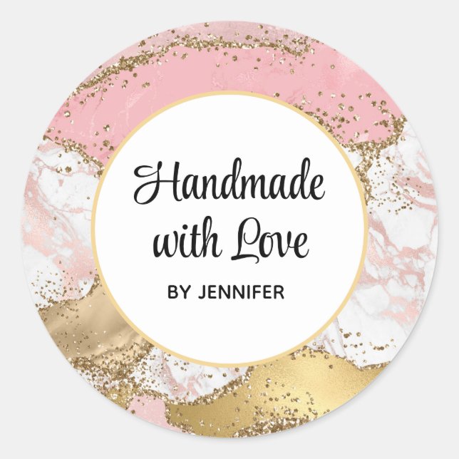 Handmade with Love Rose Gold Pink Marble Design Classic Round Sticker (Front)