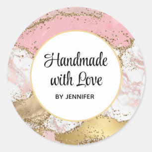 Handmade with Love Rose Gold Pink Marble Design Classic Round Sticker