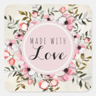 Handmade With Love Rustic Cherry Blossom Floral Square Sticker