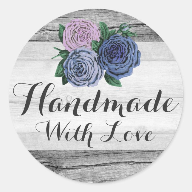 Handmade With Love Rustic Country Barn Wood Roses Classic Round Sticker (Front)