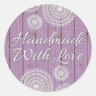 Handmade With Love Rustic Crochet Doilies on Wood Classic Round Sticker